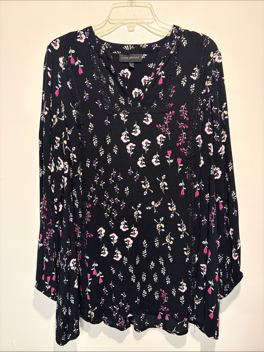Lane Bryant Black Floral Lace Long-Sleeve Peplum Top Size 14/16 Boho Fall